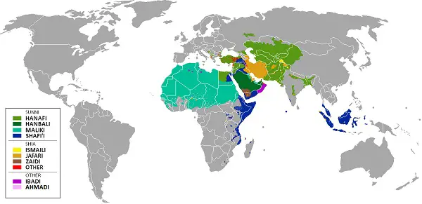 The distribution of Sunni, Shia, Ibadi and Ahmadi branches of Islam.
